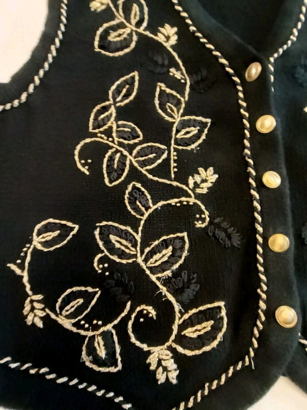 Yarnworks Women’s XL Black Embroidered Knit Vest Gold Leaf Design Boho Formal - Picture 4 of 12